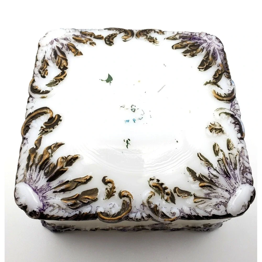 Vintage Westmoreland White Milk Glass Gold & Purple Trinket Dresser Box